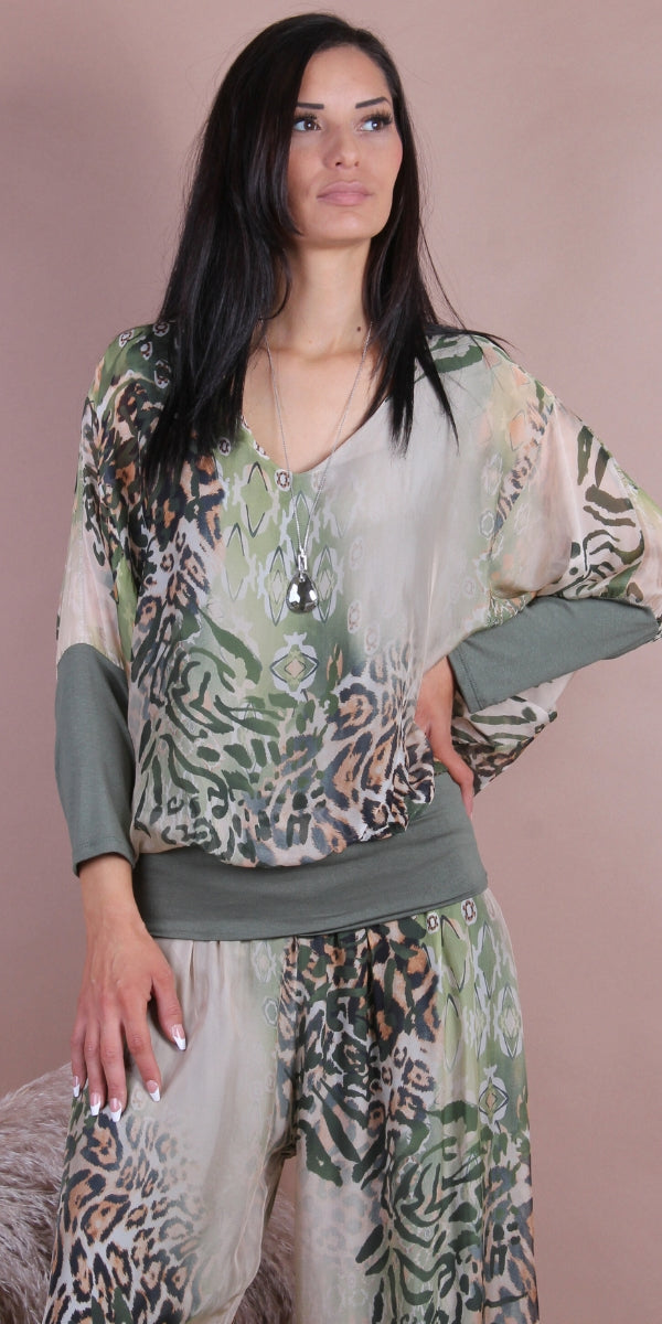 Cavoli Congo Blouse - Gigi Moda - Made in Italy # animal print, Blouse, elastic waistband, Gigi Moda, gigi moda. made in italy, italian silk, italian top, Jaguar print, jungle, Long Sleeve, Made in Italy, shop gigi moda, Silk, Silk top, Top