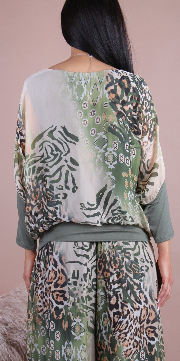 Cavoli Congo Blouse - Gigi Moda - Made in Italy # animal print, Blouse, elastic waistband, Gigi Moda, gigi moda. made in italy, italian silk, italian top, Jaguar print, jungle, Long Sleeve, Made in Italy, shop gigi moda, Silk, Silk top, Top