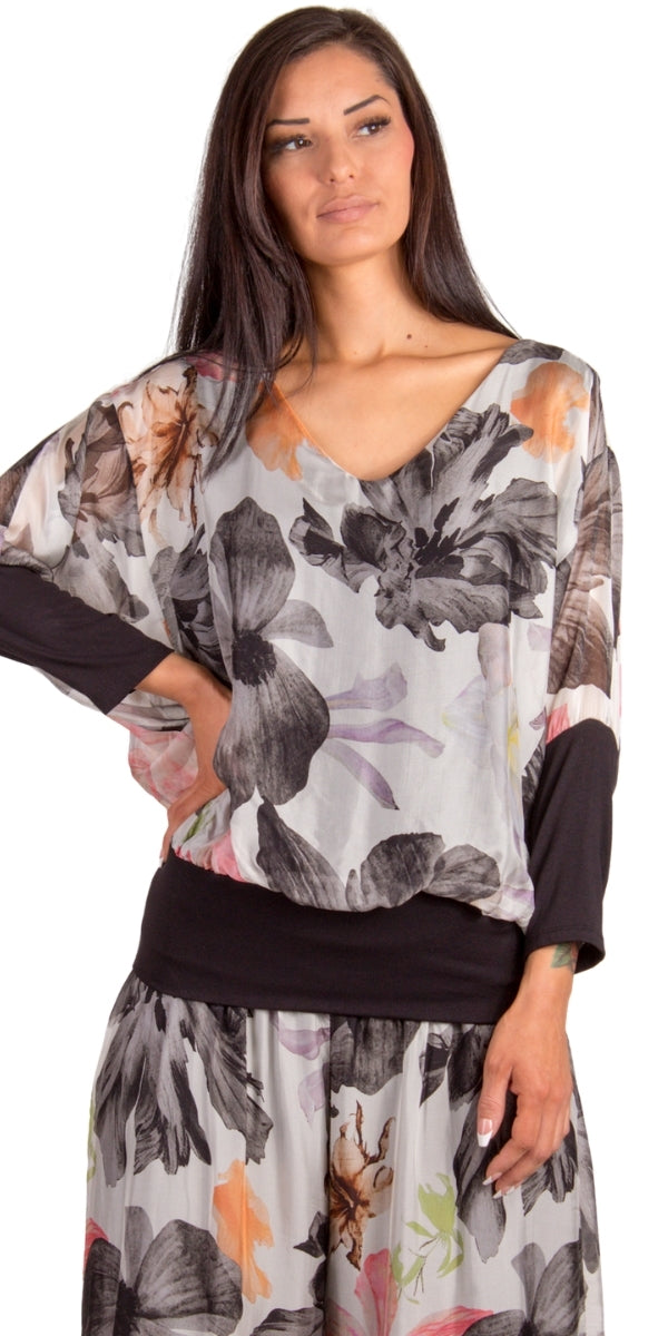 Cavoli Floral Blouse - Gigi Moda - Made in Italy # Blouse, elastic waistband, floral, Floral Print, Gigi Moda, gigi moda. made in italy, italian silk, italian top, Long Sleeve, Made in Italy, shop gigi moda, Silk, Silk top, Top