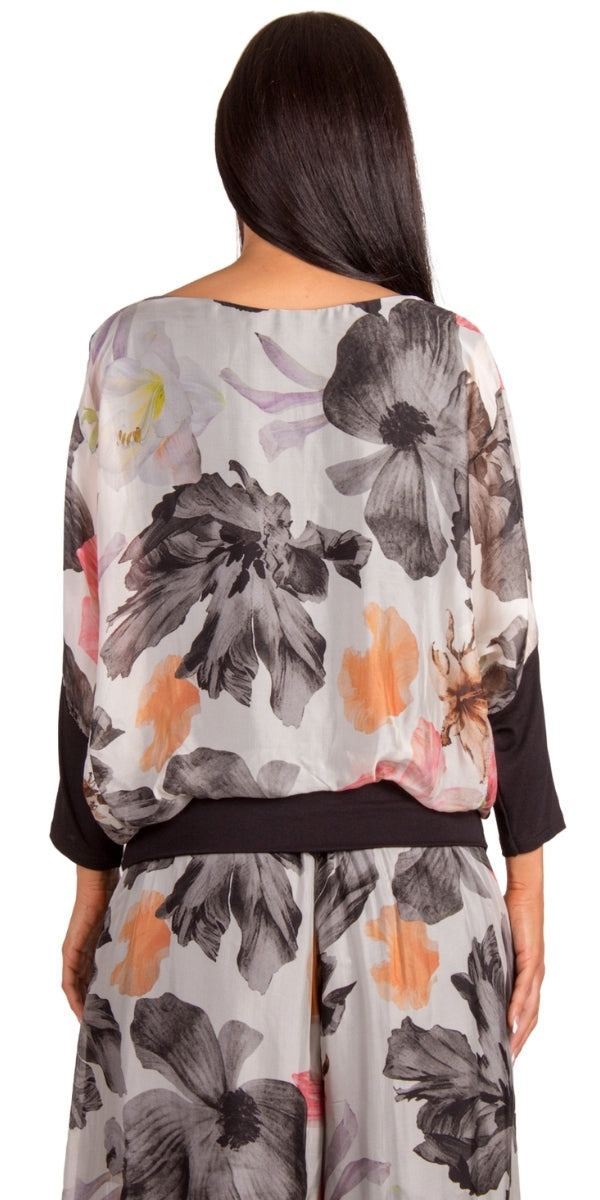 Cavoli Floral Blouse - Gigi Moda - Made in Italy # Blouse, elastic waistband, floral, Floral Print, Gigi Moda, gigi moda. made in italy, italian silk, italian top, Long Sleeve, Made in Italy, shop gigi moda, Silk, Silk top, Top