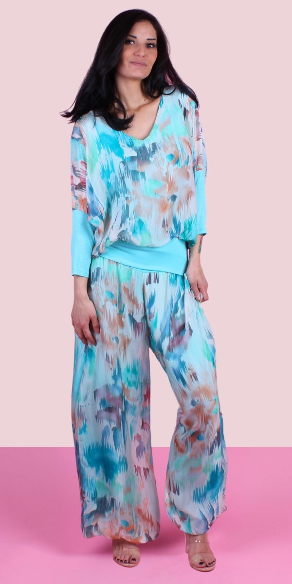 Cavoli Artista Blouse - Gigi Moda - Made in Italy # Abstract, abstract print, Blouse, elastic waistband, Gigi Moda, gigi moda. made in italy, italian silk, italian top, Long Sleeve, Made in Italy, shop gigi moda, Silk, Silk top, Top, watercolor, Watercolor Print