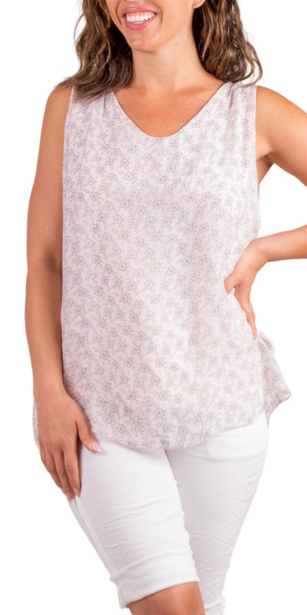 Fernanda Daisy Silk Top - Gigi Moda - Made in Italy # 100% Silk, Blouse, flower print, Flowers, Gigi Moda, Made in Italy, one size, Silk, silk blouse, Silk top, Sleeveless, sleeveless top, tank, Top