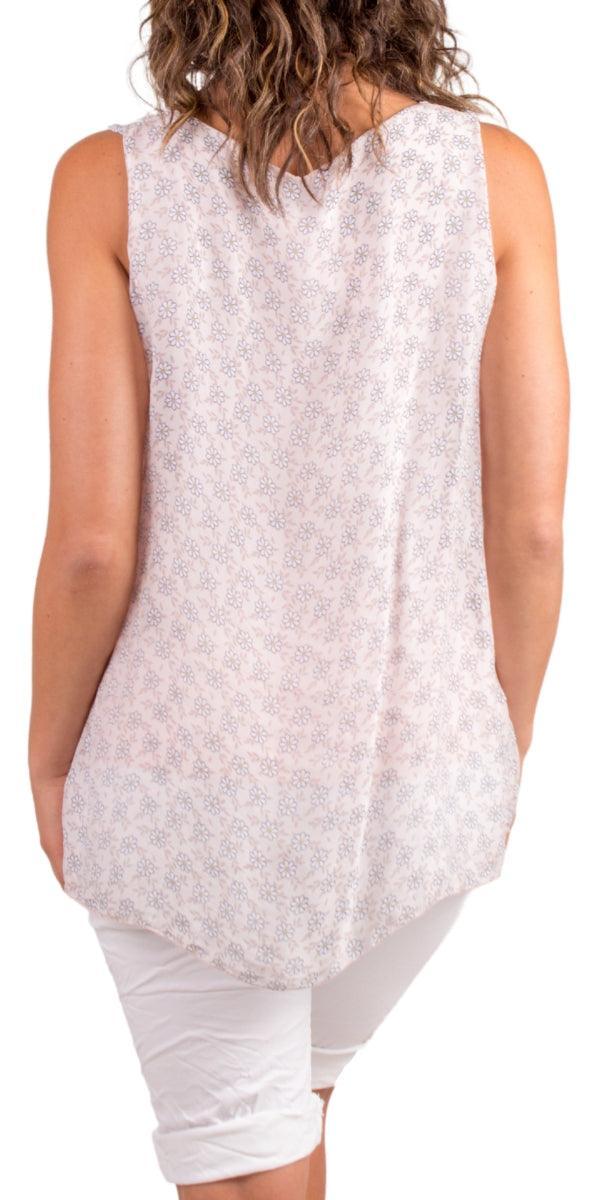 Fernanda Daisy Silk Top - Gigi Moda - Made in Italy # 100% Silk, Blouse, flower print, Flowers, Gigi Moda, Made in Italy, one size, Silk, silk blouse, Silk top, Sleeveless, sleeveless top, tank, Top