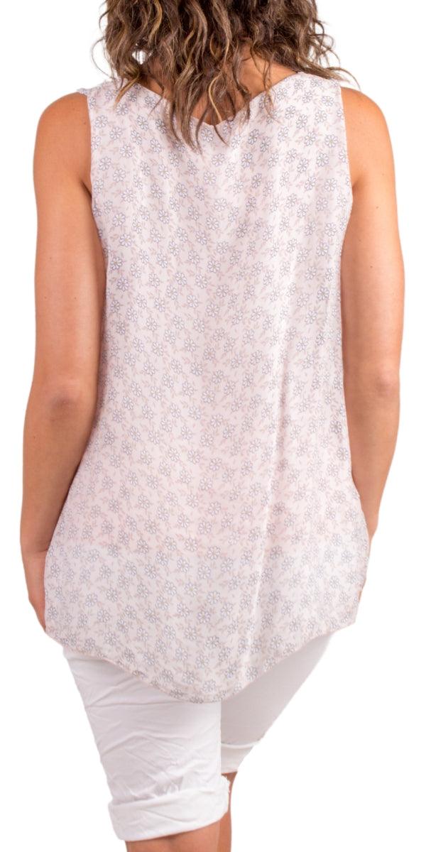 Fernanda Daisy Silk Top - Gigi Moda - Made in Italy # 100% Silk, Blouse, flower print, Flowers, Gigi Moda, Made in Italy, one size, Silk, silk blouse, Silk top, Sleeveless, sleeveless top, tank, Top