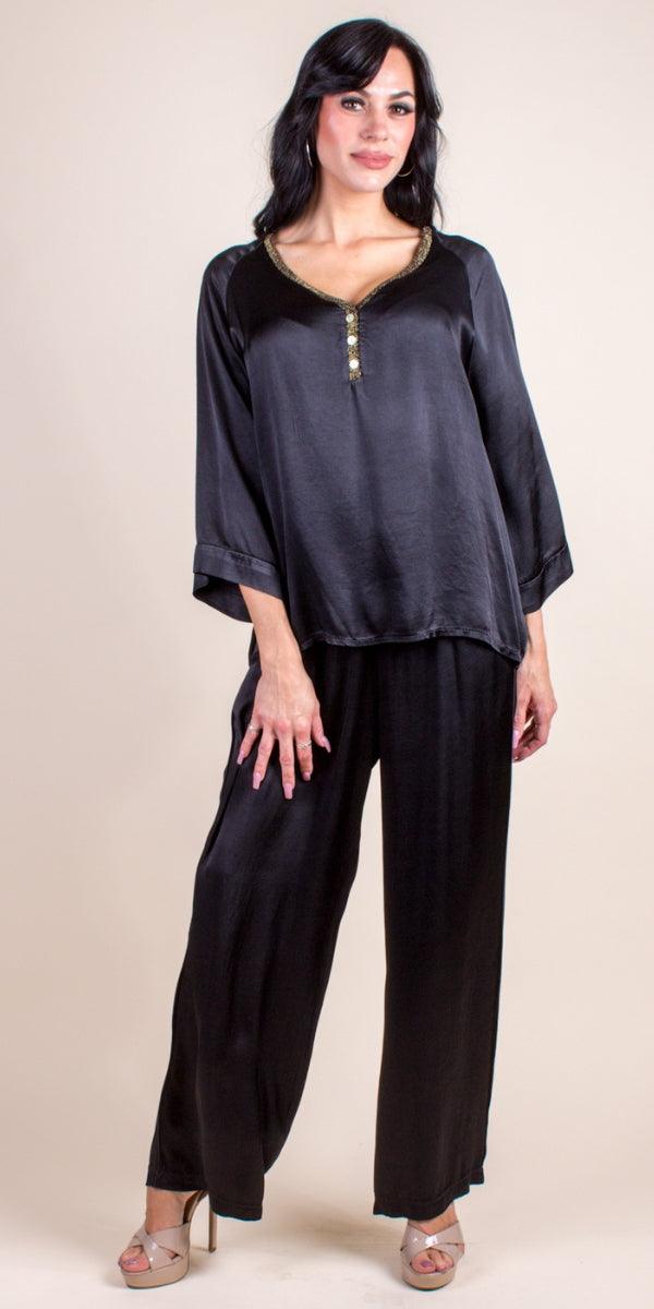 Arezzo Pant - Gigi Moda - Made in Italy # elastic waist, elastic waistband, Gigi Moda, Made in Italy, Pants, Satin, WIDE LEG