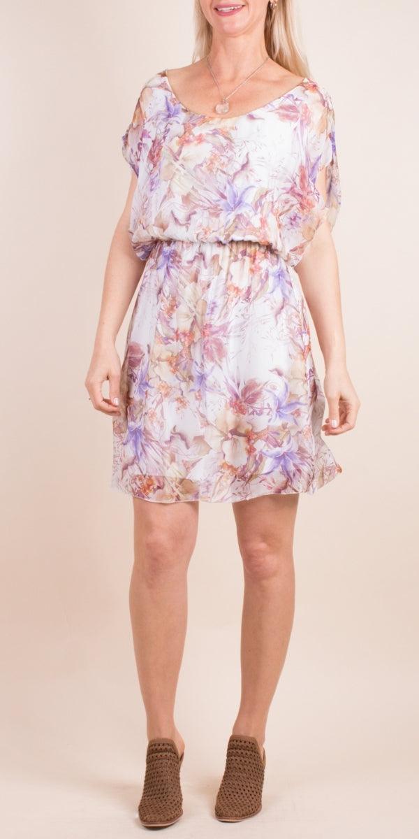 Lodi Floral Silk Dress - Gigi Moda - Made in Italy # Cap Sleeve, cap sleeves, Dress, elastic waist, floral, floral design, floral dress, Floral Print, Gigi Moda, italian dress, Made in Italy, one size, OS, resort style, resort wear, short sleeve dress, Silk, silk dress, spring, summer