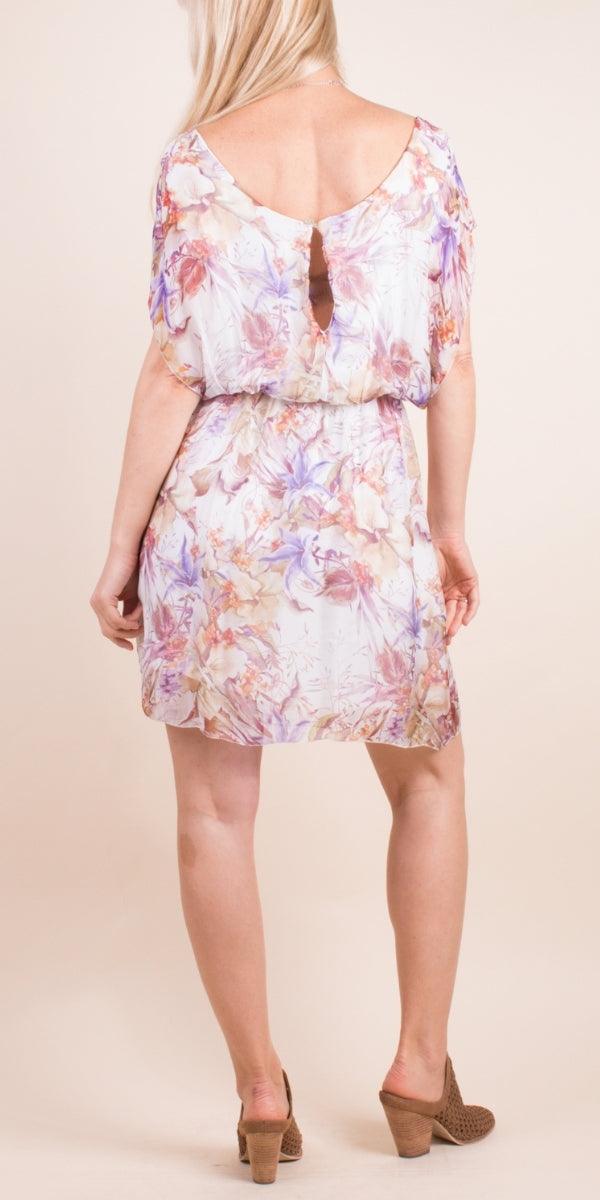 Lodi Floral Silk Dress - Gigi Moda - Made in Italy # Cap Sleeve, cap sleeves, Dress, elastic waist, floral, floral design, floral dress, Floral Print, Gigi Moda, italian dress, Made in Italy, one size, OS, resort style, resort wear, short sleeve dress, Silk, silk dress, spring, summer
