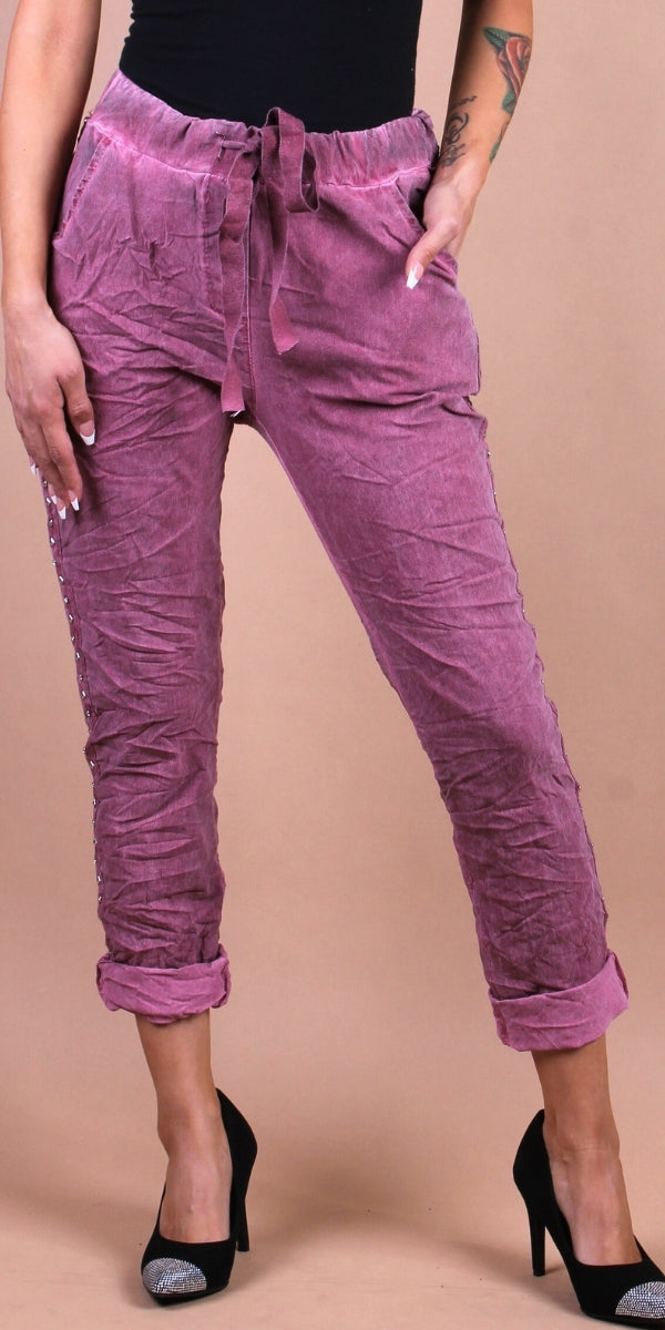 Zola Stud Pants - Gigi Moda - Made in Italy # comfortable, comfy, cropped, gigi moda, made in italy, maxretail, pant, pants, Pockets, silver stud, solid color, stretchy, stripes, tie at waist