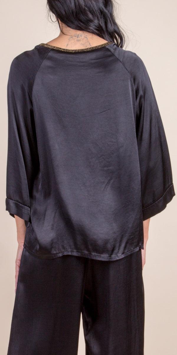 Arezzo Henley Top - Gigi Moda - Made in Italy # Blouse, Gigi Moda, gold hem, henley, Made in Italy, satin top, shirt, Top, Wide Sleeves, Womens Tops