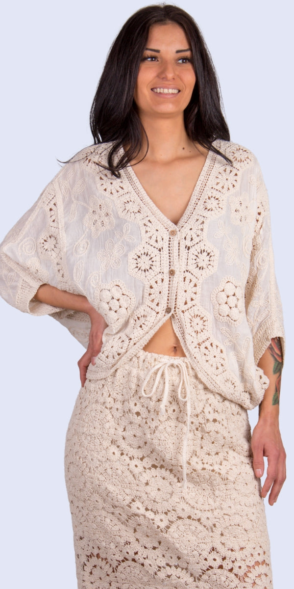 Venice Crochet Top - Gigi Moda - Made in Italy # batwing, bohemian, button down, Cotton, Crochet, crochet top, Crop Top, Gigi Moda, Made in Italy, one size, shirt, spring, summer, Top
