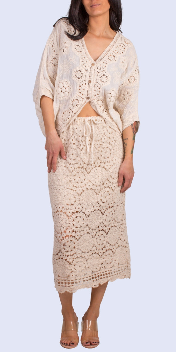 Venice Crochet Skirt - Gigi Moda - Made in Italy # Crochet, crochet skirt, elastic waistband, gigi moda, Made in Italy, midi skirt, skirt, Tie waist