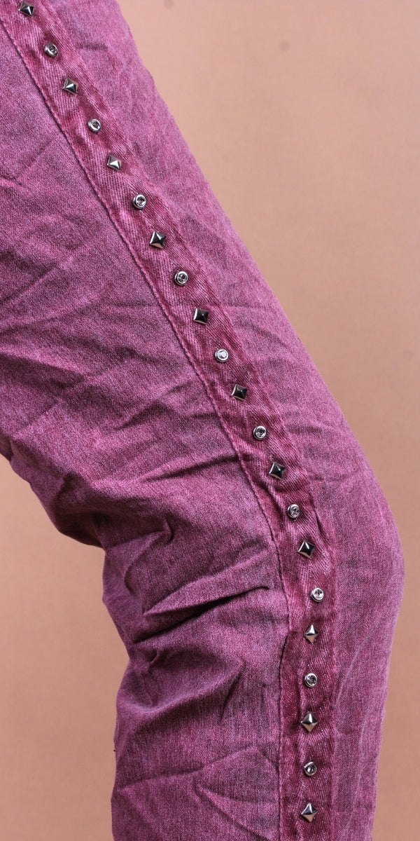 Zola Stud Pants - Gigi Moda - Made in Italy # comfortable, comfy, cropped, gigi moda, made in italy, maxretail, pant, pants, Pockets, silver stud, solid color, stretchy, stripes, tie at waist