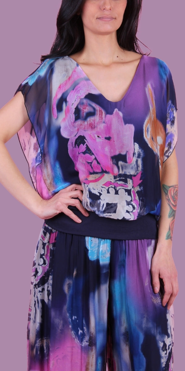 Amante Nuvola Top - Gigi Moda - Made in Italy # banded bottom, Blouse, flutter sleeve, gigi moda, Made in Italy, silk, stretch waistband, top, V Neck, watercolor, Watercolor Print