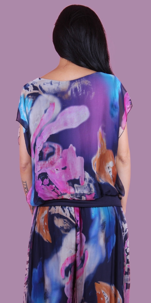 Amante Nuvola Top - Gigi Moda - Made in Italy # banded bottom, Blouse, flutter sleeve, gigi moda, Made in Italy, silk, stretch waistband, top, V Neck, watercolor, Watercolor Print