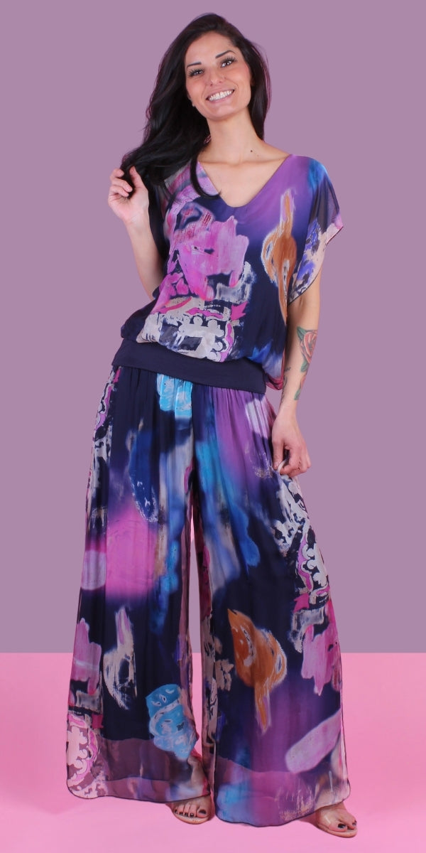 Amante Nuvola Top - Gigi Moda - Made in Italy # banded bottom, Blouse, flutter sleeve, gigi moda, Made in Italy, silk, stretch waistband, top, V Neck, watercolor, Watercolor Print