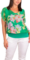Amante Fiore Silk Top - Gigi Moda - Made in Italy # banded bottom, Blouse, floral, floral design, floral pattern, Floral Print, flutter sleeve, gigi moda, Made in Italy, maxretail, silk, stretch waistband, top, v-neck