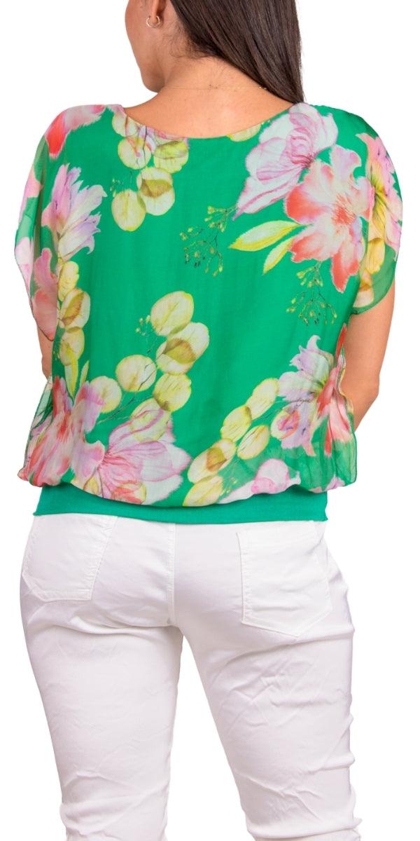 Amante Fiore Silk Top - Gigi Moda - Made in Italy # banded bottom, Blouse, floral, floral design, floral pattern, Floral Print, flutter sleeve, gigi moda, Made in Italy, silk, stretch waistband, top, v-neck