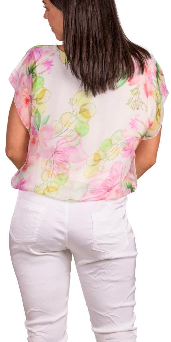 Amante Fiore Silk Top - Gigi Moda - Made in Italy # banded bottom, Blouse, floral, floral design, floral pattern, Floral Print, flutter sleeve, gigi moda, Made in Italy, silk, stretch waistband, top, v-neck