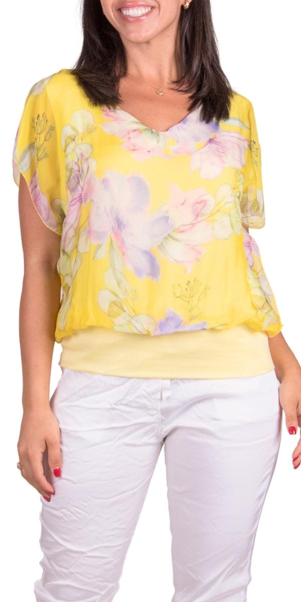 Amante Fiore Silk Top - Gigi Moda - Made in Italy # banded bottom, Blouse, floral, floral design, floral pattern, Floral Print, flutter sleeve, gigi moda, Made in Italy, silk, stretch waistband, top, v-neck