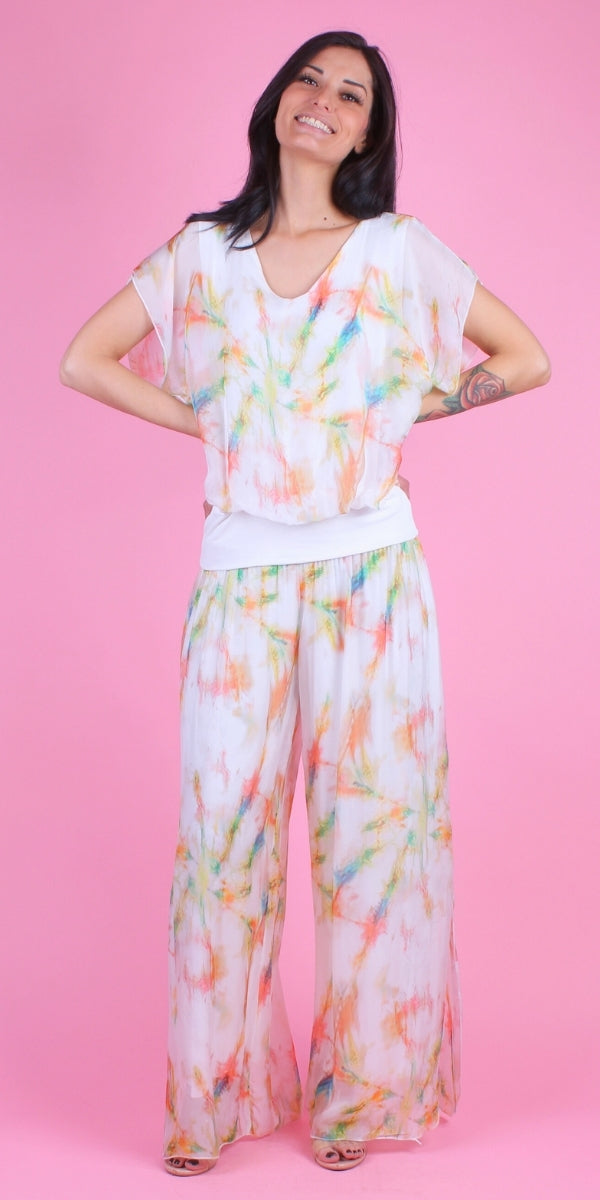 Amante Tinta Top - Gigi Moda - Made in Italy # banded bottom, Blouse, flutter sleeve, gigi moda, Made in Italy, silk, stretch waistband, tie-dye, top, V Neck