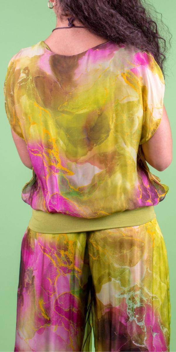 Amante Tempesta Silk Top - Gigi Moda - Made in Italy # banded bottom, Blouse, flutter sleeve, gigi moda, Made in Italy, marbled print, silk, stretch waistband, top, v-neck