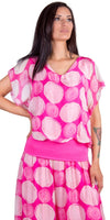 Amante Maxipunti Top - Gigi Moda - Made in Italy # banded bottom, Blouse, dot print, flutter sleeve, gigi moda, Made in Italy, silk, stretch waistband, swirl print, top, V Neck