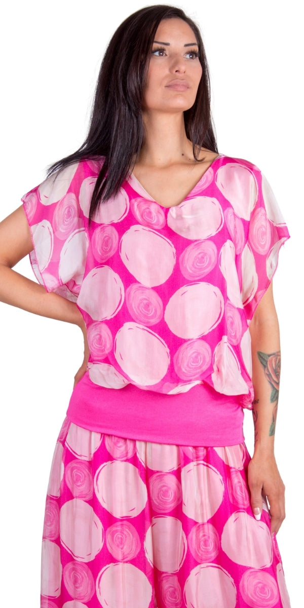 Amante Maxipunti Top - Gigi Moda - Made in Italy # banded bottom, Blouse, dot print, flutter sleeve, gigi moda, Made in Italy, silk, stretch waistband, swirl print, top, V Neck