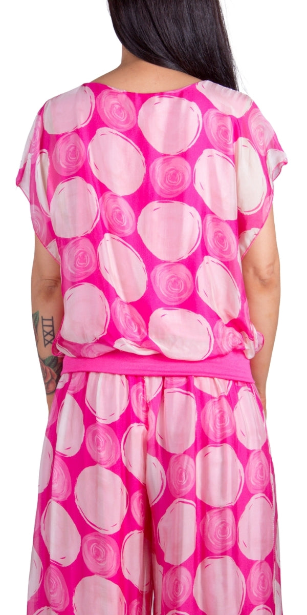 Amante Maxipunti Top - Gigi Moda - Made in Italy # banded bottom, Blouse, dot print, flutter sleeve, gigi moda, Made in Italy, silk, stretch waistband, swirl print, top, V Neck
