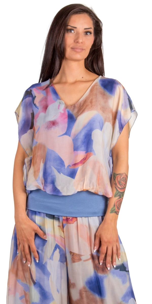 Amante Schizzo Top - Gigi Moda - Made in Italy # banded bottom, Blouse, flutter sleeve, gigi moda, Made in Italy, silk, stretch waistband, top, V Neck, Watercolor Print