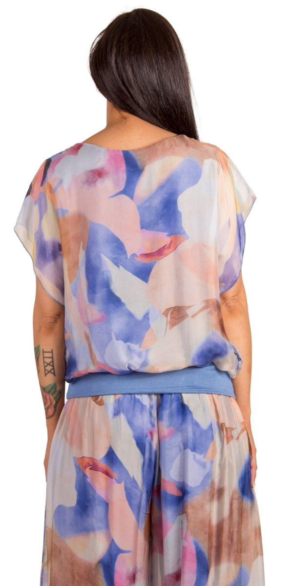 Amante Schizzo Top - Gigi Moda - Made in Italy # banded bottom, Blouse, flutter sleeve, gigi moda, Made in Italy, silk, stretch waistband, top, V Neck, Watercolor Print