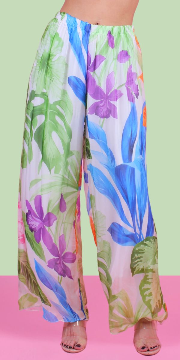Angelo Tropical Silk Pant - Gigi Moda - Made in Italy # 100% Silk, bohemian, comfortable, Double Layer, Elastic Waist Palazzo, free shipping, Gigi Moda, Made in Italy, one size, palazzo, Pant, shop gigi moda, Silk, tropical, tropical print, viscose