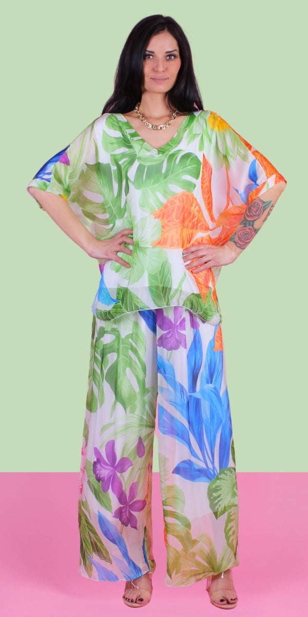 Angelo Tropical Silk Pant - Gigi Moda - Made in Italy # 100% Silk, bohemian, comfortable, Double Layer, Elastic Waist Palazzo, free shipping, Gigi Moda, Made in Italy, one size, palazzo, Pant, shop gigi moda, Silk, tropical, tropical print, viscose