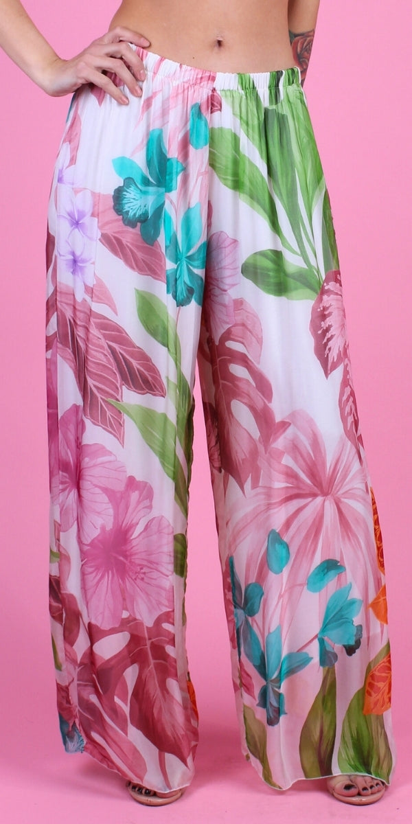 Angelo Tropical Silk Pant - Gigi Moda - Made in Italy # 100% Silk, bohemian, comfortable, Double Layer, Elastic Waist Palazzo, free shipping, Gigi Moda, Made in Italy, one size, palazzo, Pant, shop gigi moda, Silk, tropical, tropical print, viscose