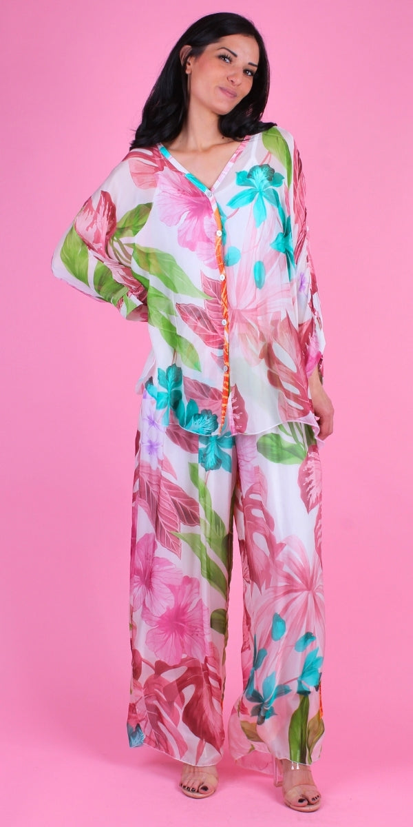 Angelo Tropical Silk Pant - Gigi Moda - Made in Italy # 100% Silk, bohemian, comfortable, Double Layer, Elastic Waist Palazzo, free shipping, Gigi Moda, Made in Italy, one size, palazzo, Pant, shop gigi moda, Silk, tropical, tropical print, viscose