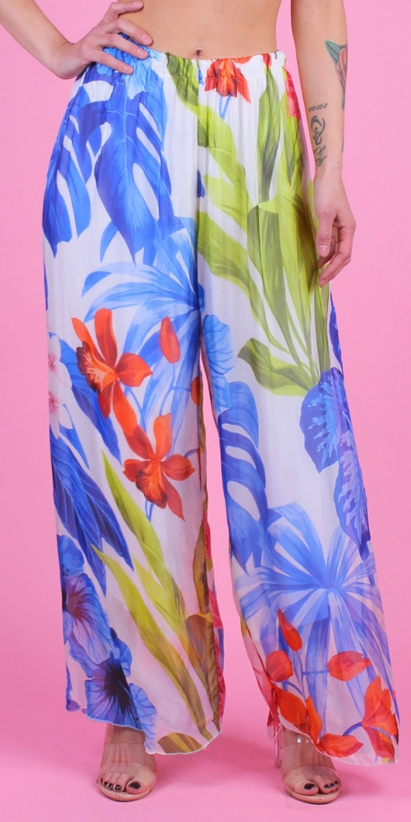 Angelo Tropical Silk Pant - Gigi Moda - Made in Italy # 100% Silk, bohemian, comfortable, Double Layer, Elastic Waist Palazzo, free shipping, Gigi Moda, Made in Italy, one size, palazzo, Pant, shop gigi moda, Silk, tropical, tropical print, viscose
