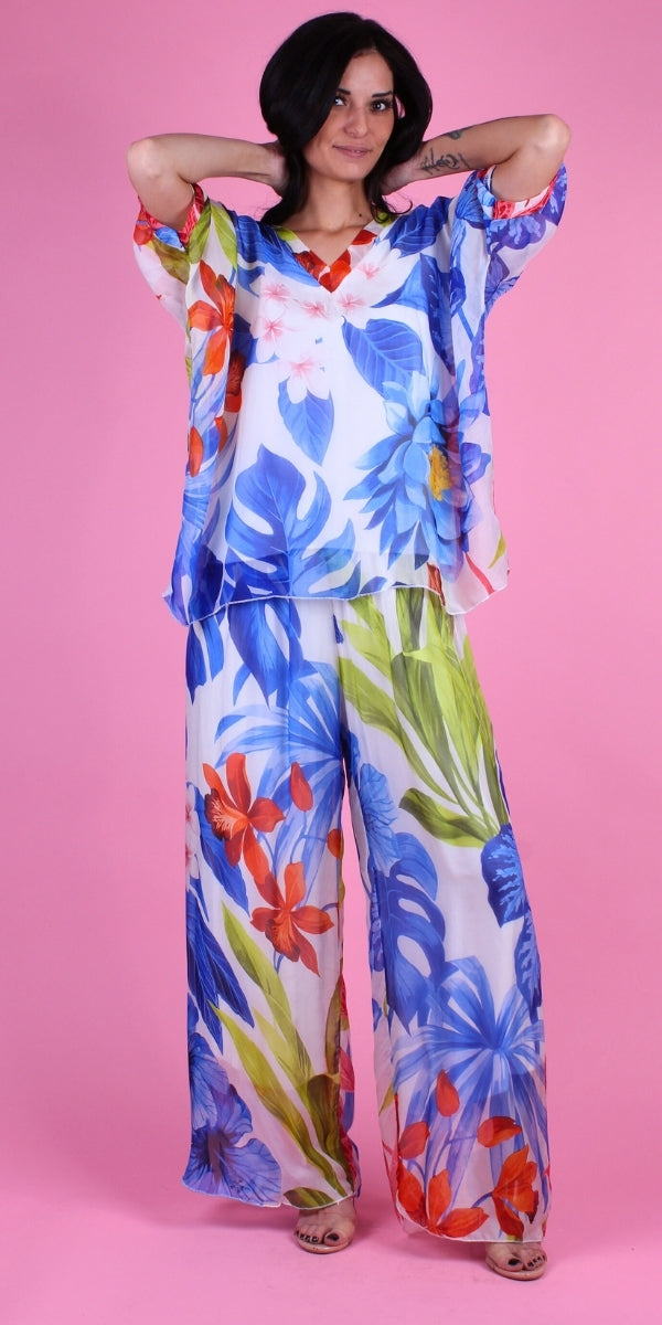 Angelo Tropical Silk Pant - Gigi Moda - Made in Italy # 100% Silk, bohemian, comfortable, Double Layer, Elastic Waist Palazzo, free shipping, Gigi Moda, Made in Italy, one size, palazzo, Pant, shop gigi moda, Silk, tropical, tropical print, viscose