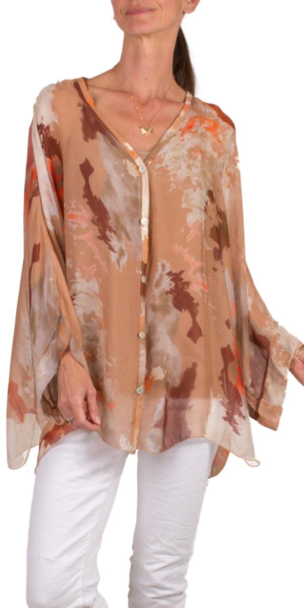 Angelo Ink Silk Blouse - Gigi Moda - Made in Italy # 100% Silk, 2 piece, Blouse, button down, button up, comforatable fit, Dolman sleeve, dolman sleeves, italian silk top, made in italy, silk blouse, Silk top, Tops, womans clothing