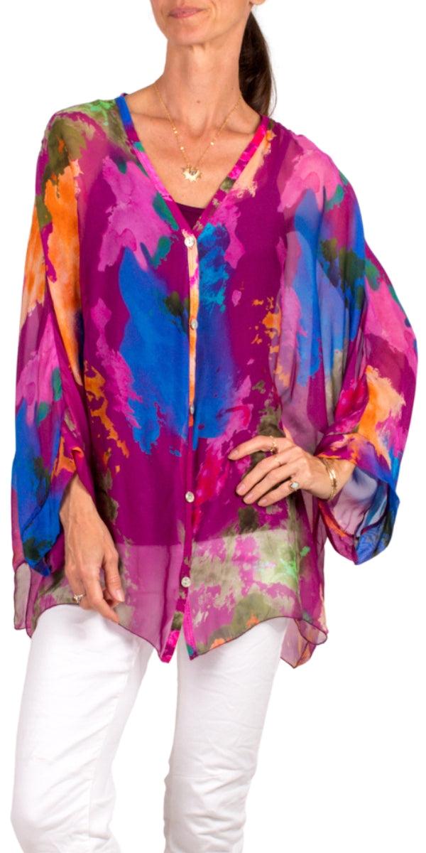 Angelo Ink Silk Blouse - Gigi Moda - Made in Italy # 100% Silk, 2 piece, Blouse, button down, button up, comforatable fit, Dolman sleeve, dolman sleeves, italian silk top, made in italy, silk blouse, Silk top, Tops, womans clothing