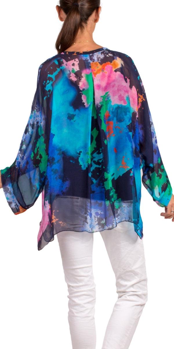 Angelo Ink Silk Blouse - Gigi Moda - Made in Italy # 100% Silk, 2 piece, Blouse, button down, button up, comforatable fit, Dolman sleeve, dolman sleeves, italian silk top, made in italy, silk blouse, Silk top, Tops, womans clothing