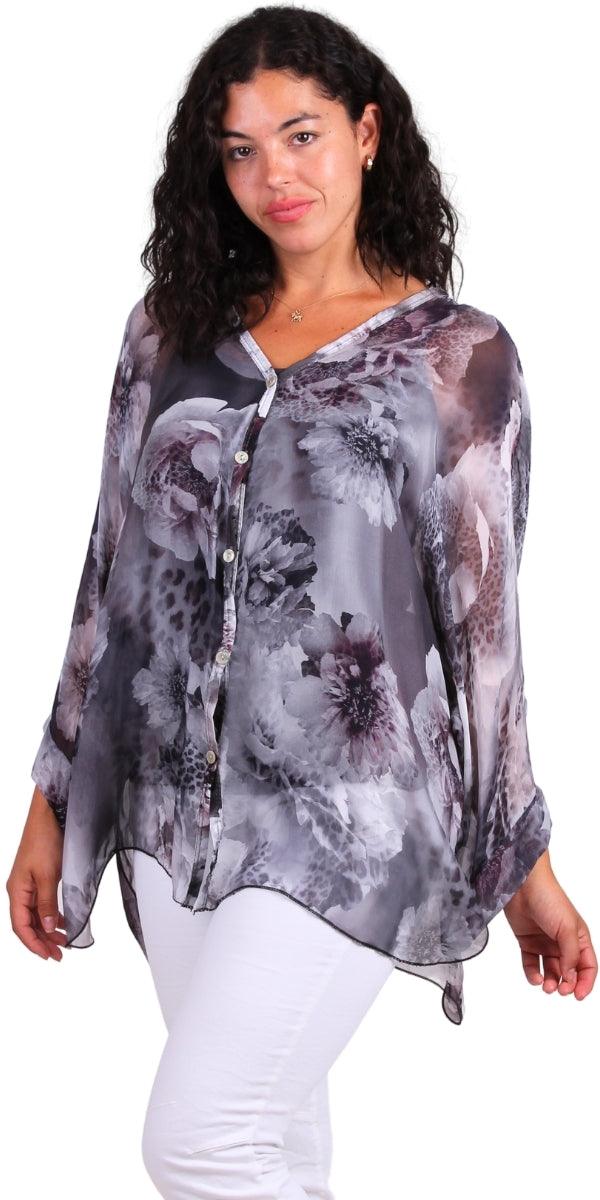 Angelo Jungle Silk Blouse - Gigi Moda - Made in Italy # 2 piece, animal print, Blouse, button down, button up, comforatable fit, Dolman sleeve, dolman sleeves, floral, floral design, Floral Print, italian silk top, Leopard Print, made in italy, maxretail, silk blouse, Silk top, Tops, womans clothing