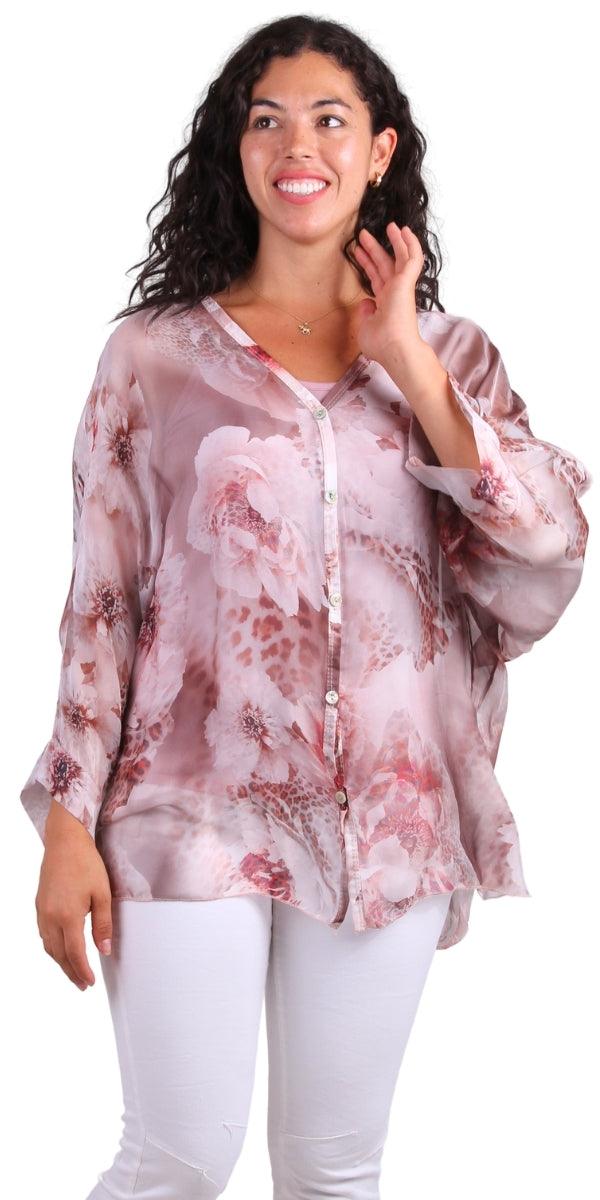 Angelo Jungle Silk Blouse - Gigi Moda - Made in Italy # 2 piece, animal print, Blouse, button down, button up, comforatable fit, Dolman sleeve, dolman sleeves, floral, floral design, Floral Print, italian silk top, Leopard Print, made in italy, maxretail, silk blouse, Silk top, Tops, womans clothing