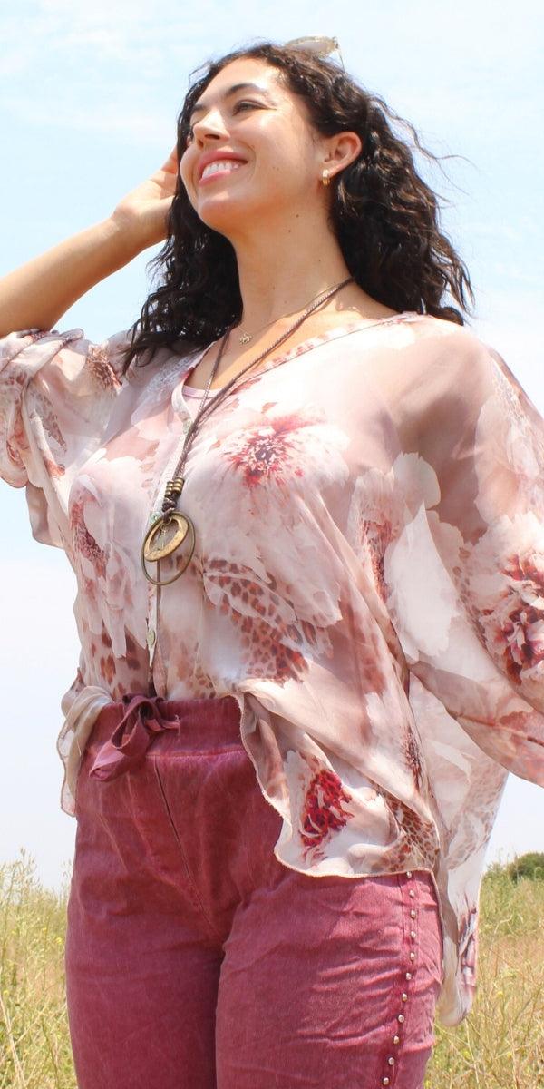 Angelo Jungle Silk Blouse - Gigi Moda - Made in Italy # 2 piece, animal print, Blouse, button down, button up, comforatable fit, Dolman sleeve, dolman sleeves, floral, floral design, Floral Print, italian silk top, Leopard Print, made in italy, maxretail, silk blouse, Silk top, Tops, womans clothing