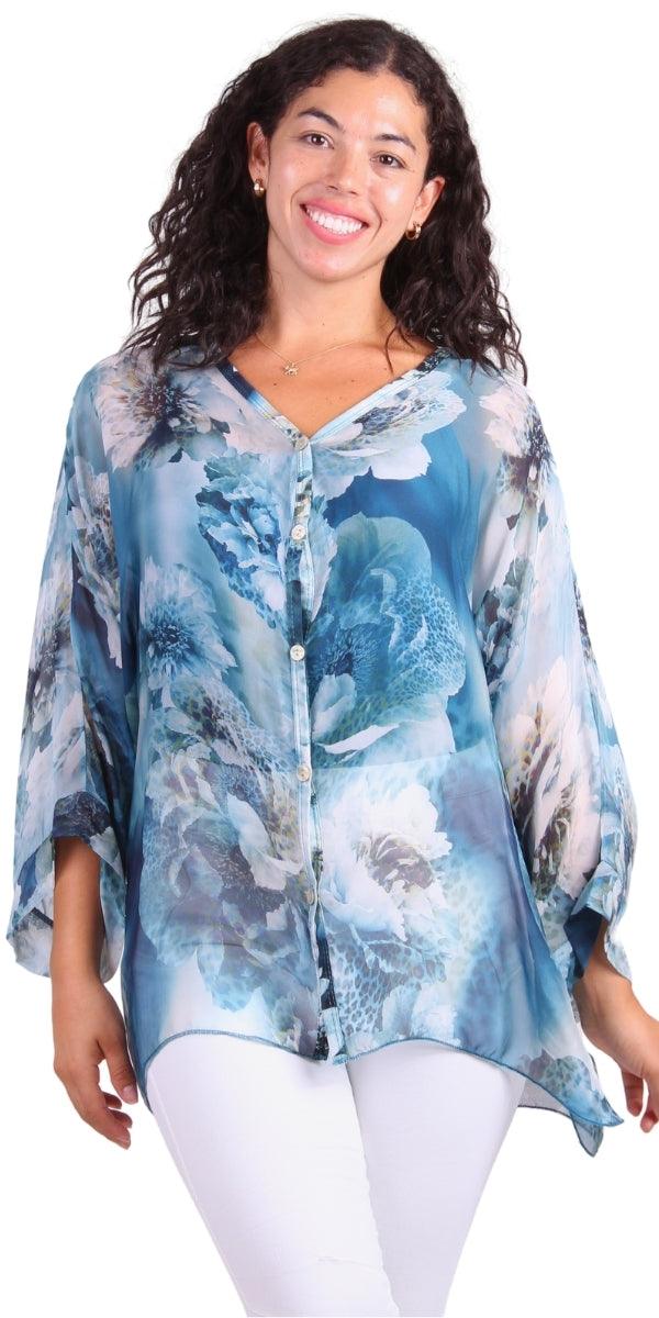 Angelo Jungle Silk Blouse - Gigi Moda - Made in Italy # 2 piece, animal print, Blouse, button down, button up, comforatable fit, Dolman sleeve, dolman sleeves, floral, floral design, Floral Print, italian silk top, Leopard Print, made in italy, maxretail, silk blouse, Silk top, Tops, womans clothing