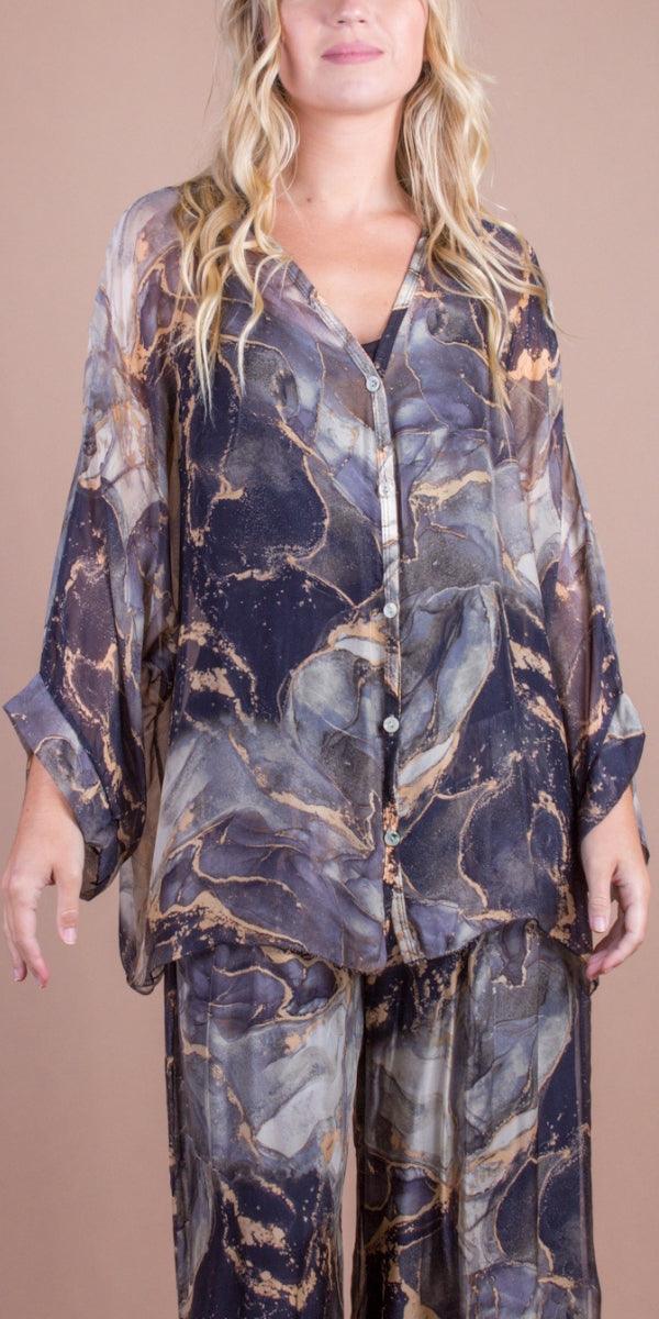 Angelo Marble Silk Blouse - Gigi Moda - Made in Italy # 100% Silk, 2 piece, baroque, Blouse, button down, button up, comforatable fit, Dolman sleeve, dolman sleeves, italian silk top, made in italy, silk blouse, Silk top, Tops, womans clothing