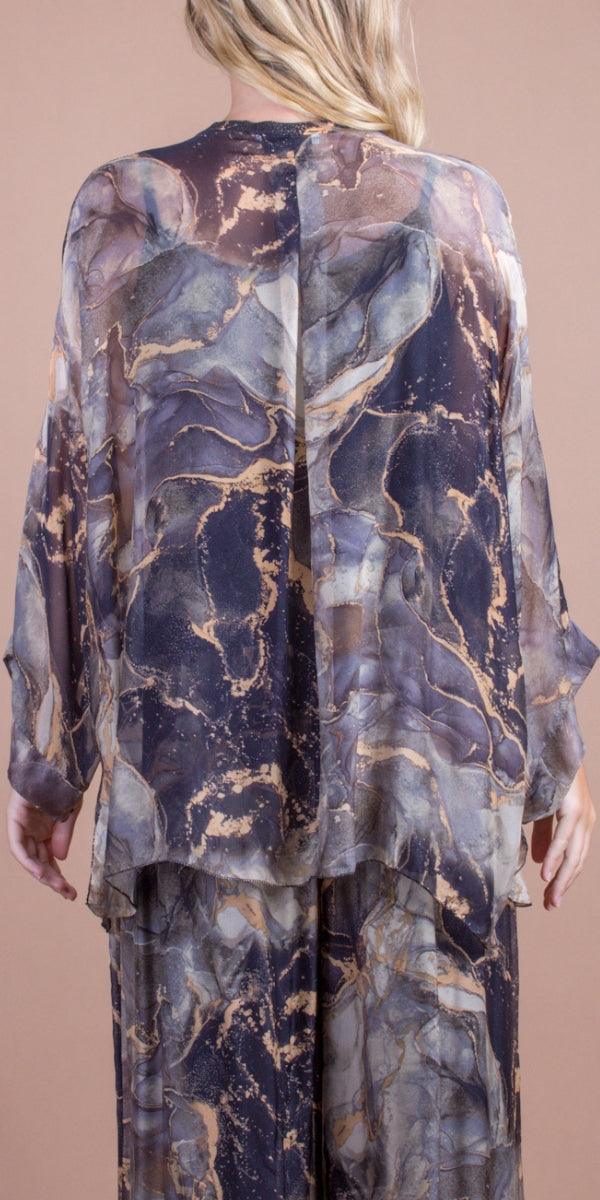 Angelo Marble Silk Blouse - Gigi Moda - Made in Italy # 100% Silk, 2 piece, baroque, Blouse, button down, button up, comforatable fit, Dolman sleeve, dolman sleeves, italian silk top, made in italy, silk blouse, Silk top, Tops, womans clothing