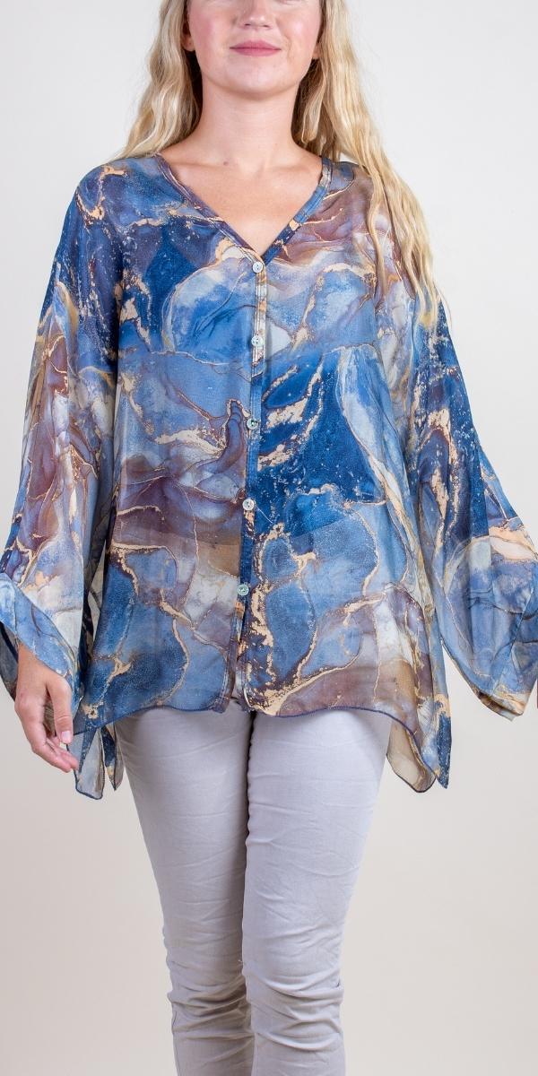 Angelo Marble Silk Blouse - Gigi Moda - Made in Italy # 100% Silk, 2 piece, baroque, Blouse, button down, button up, comforatable fit, Dolman sleeve, dolman sleeves, italian silk top, made in italy, silk blouse, Silk top, Tops, womans clothing