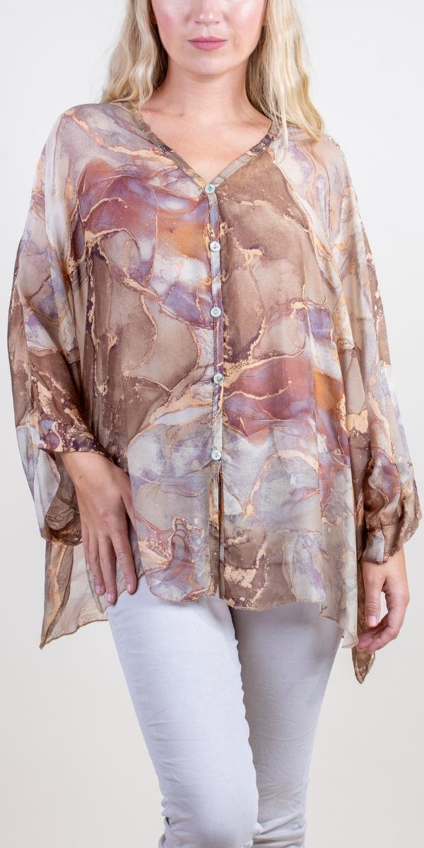 Angelo Marble Silk Blouse - Gigi Moda - Made in Italy # 100% Silk, 2 piece, baroque, Blouse, button down, button up, comforatable fit, Dolman sleeve, dolman sleeves, italian silk top, made in italy, silk blouse, Silk top, Tops, womans clothing