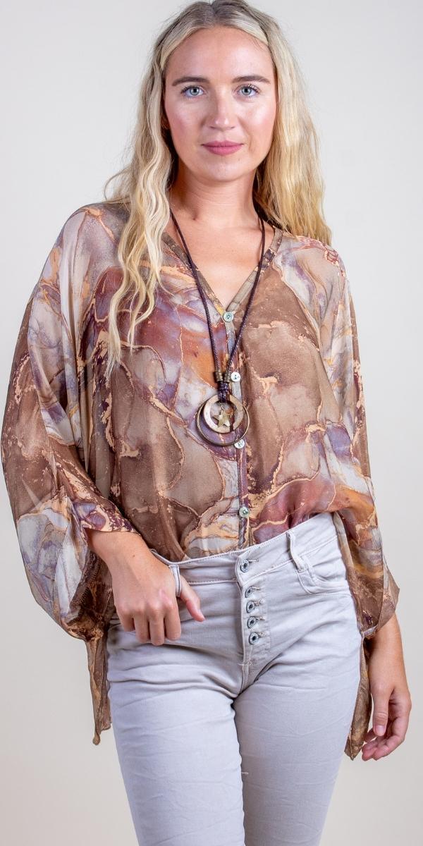 Angelo Marble Silk Blouse - Gigi Moda - Made in Italy # 100% Silk, 2 piece, baroque, Blouse, button down, button up, comforatable fit, Dolman sleeve, dolman sleeves, italian silk top, made in italy, silk blouse, Silk top, Tops, womans clothing