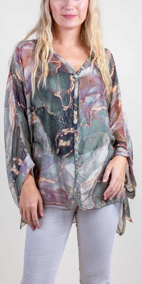 Angelo Marble Silk Blouse - Gigi Moda - Made in Italy # 100% Silk, 2 piece, baroque, Blouse, button down, button up, comforatable fit, Dolman sleeve, dolman sleeves, italian silk top, made in italy, silk blouse, Silk top, Tops, womans clothing
