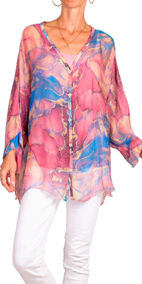 Angelo Marble Silk Blouse - Gigi Moda - Made in Italy # 100% Silk, 2 piece, baroque, Blouse, button down, button up, comforatable fit, Dolman sleeve, dolman sleeves, italian silk top, made in italy, silk blouse, Silk top, Tops, womans clothing